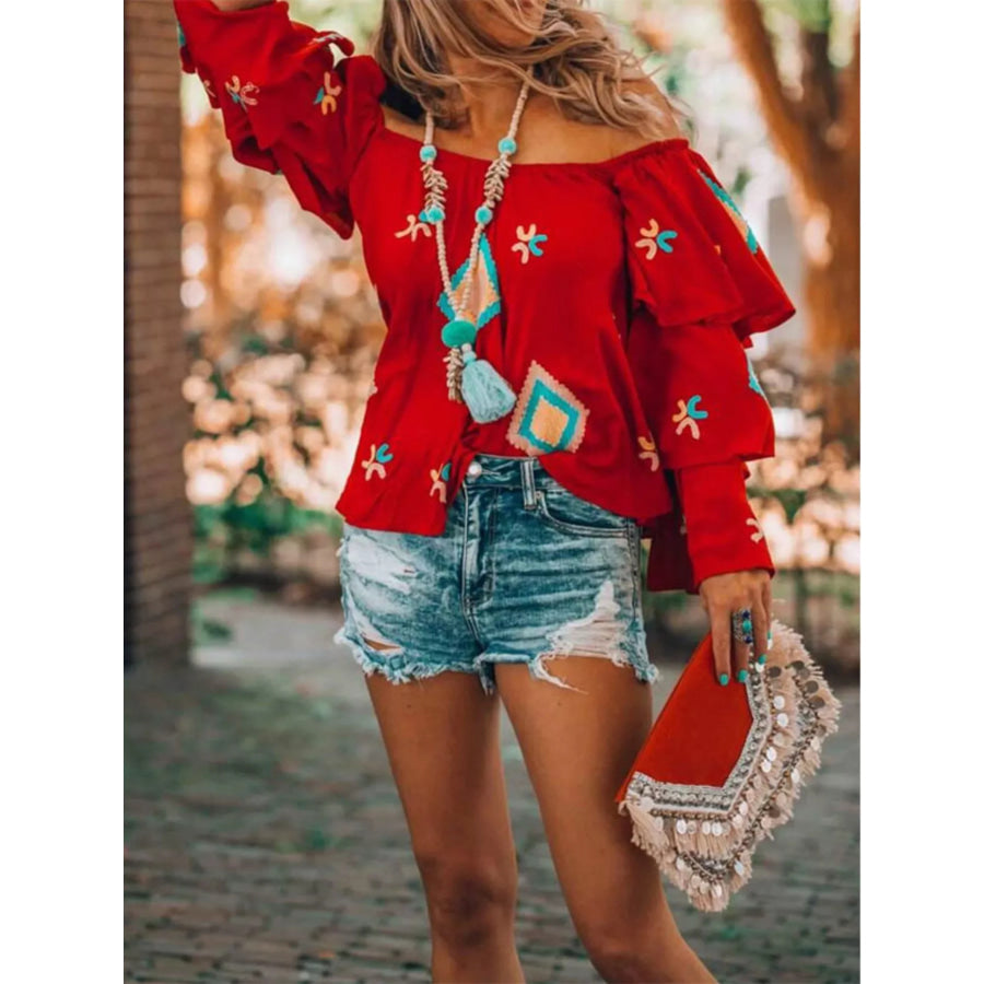 Full Size Off-Shoulder Ruffled Sleeve Blouse Plus Size Red / S Apparel and Accessories