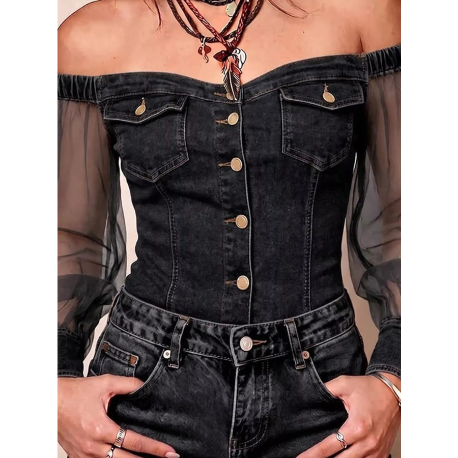 Full Size Off-Shoulder Sheer Sleeve Denim Top Plus Apparel and Accessories