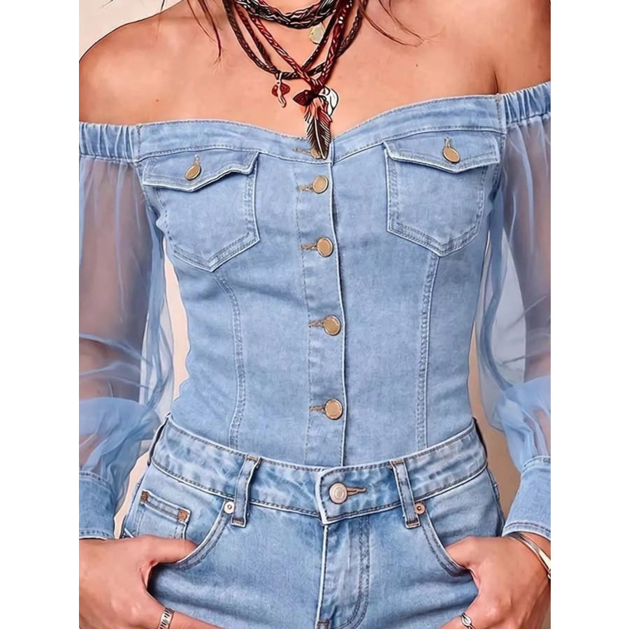 Full Size Off-Shoulder Sheer Sleeve Denim Top Plus Apparel and Accessories