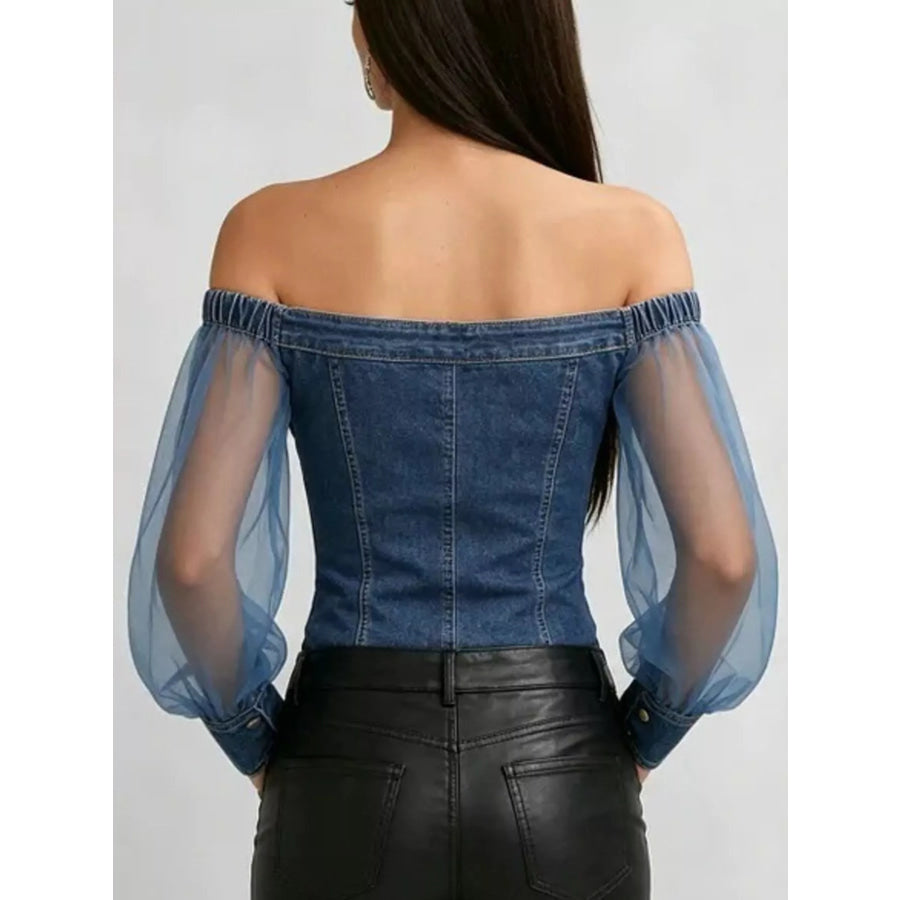 Full Size Off-Shoulder Sheer Sleeve Denim Top Plus Dark Blue / S Apparel and Accessories
