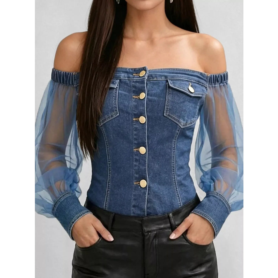 Full Size Off-Shoulder Sheer Sleeve Denim Top Plus Dark Blue / S Apparel and Accessories