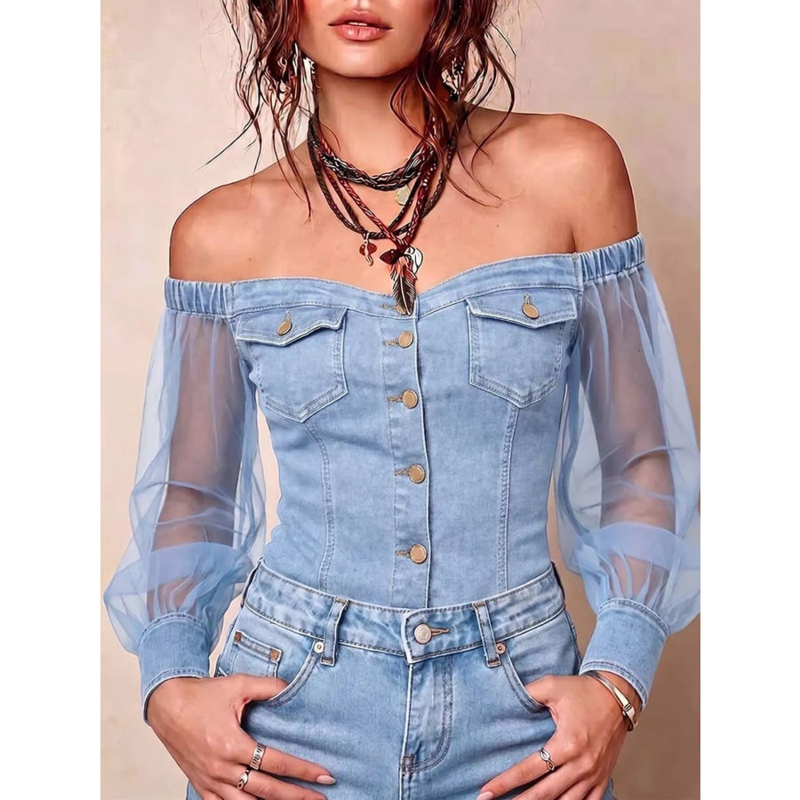 Full Size Off-Shoulder Sheer Sleeve Denim Top Plus Light Blue / S Apparel and Accessories