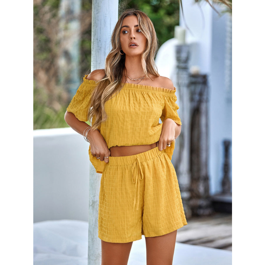 Full Size Off-Shoulder Short Sleeve Top and Tied Shorts Set Gold / S Apparel and Accessories