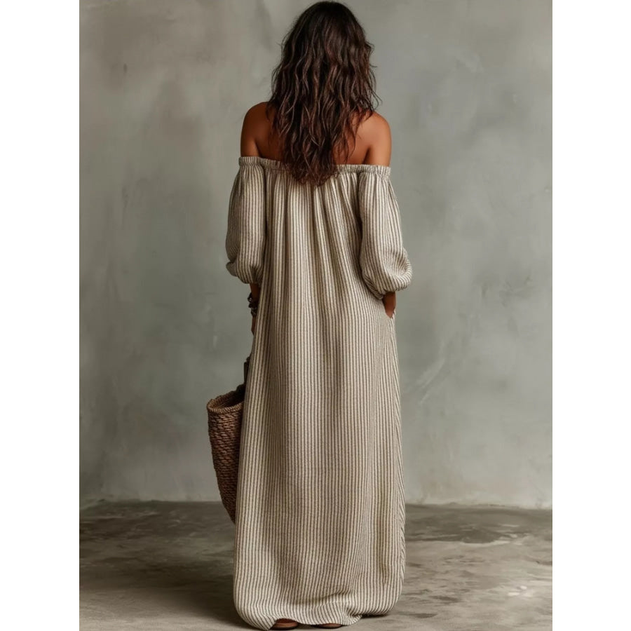 Full Size Off-Shoulder Striped Maxi Dress with Puff Sleeves Plus Khaki / S Apparel and Accessories
