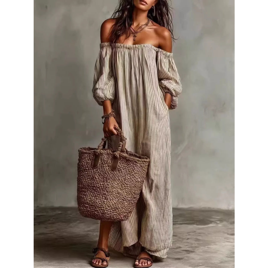 Full Size Off-Shoulder Striped Maxi Dress with Puff Sleeves Plus Khaki / S Apparel and Accessories