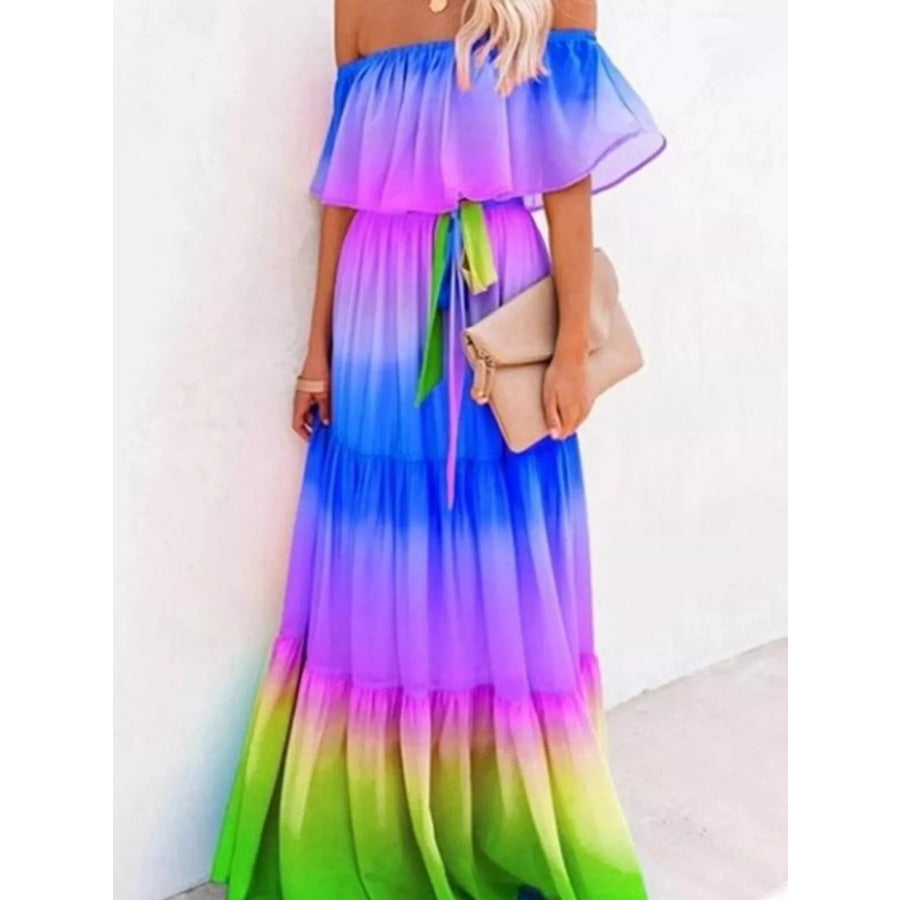 Full Size Off-Shoulder Tiered Maxi Dress Plus Size Blue / S Apparel and Accessories