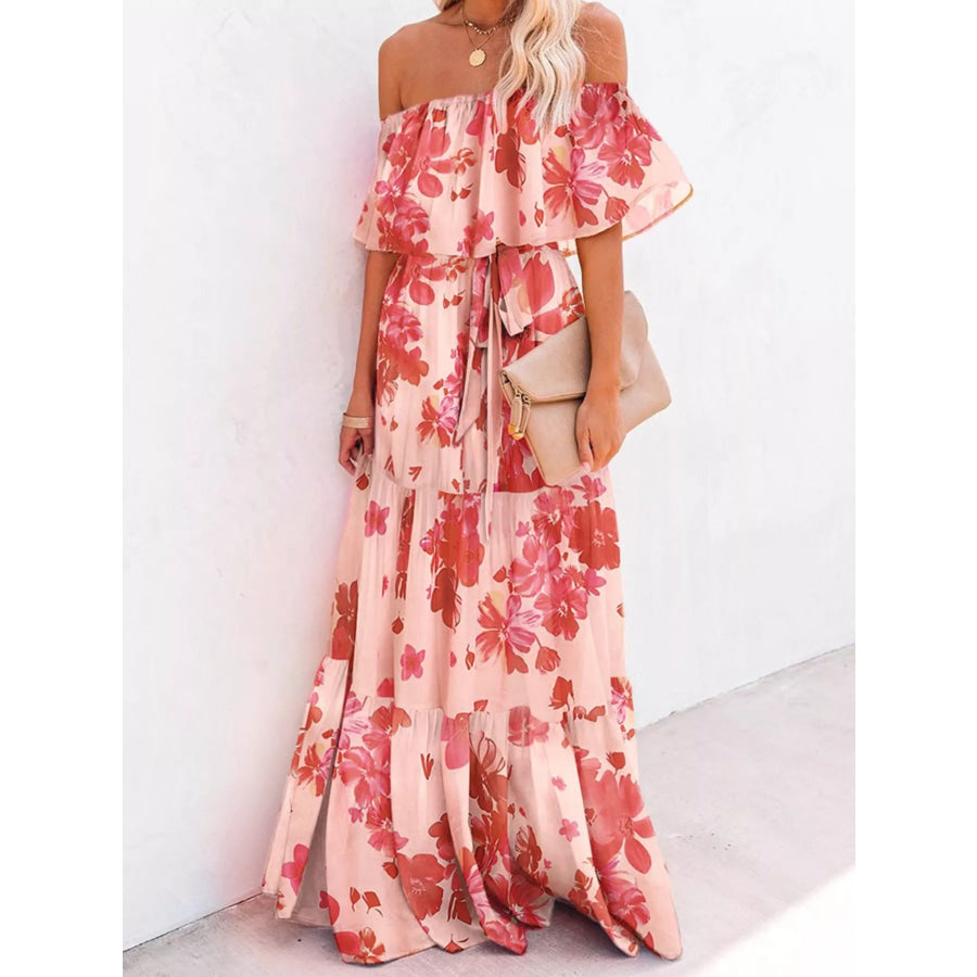 Full Size Off-Shoulder Tiered Maxi Dress Plus Size Red Flower / S Apparel and Accessories