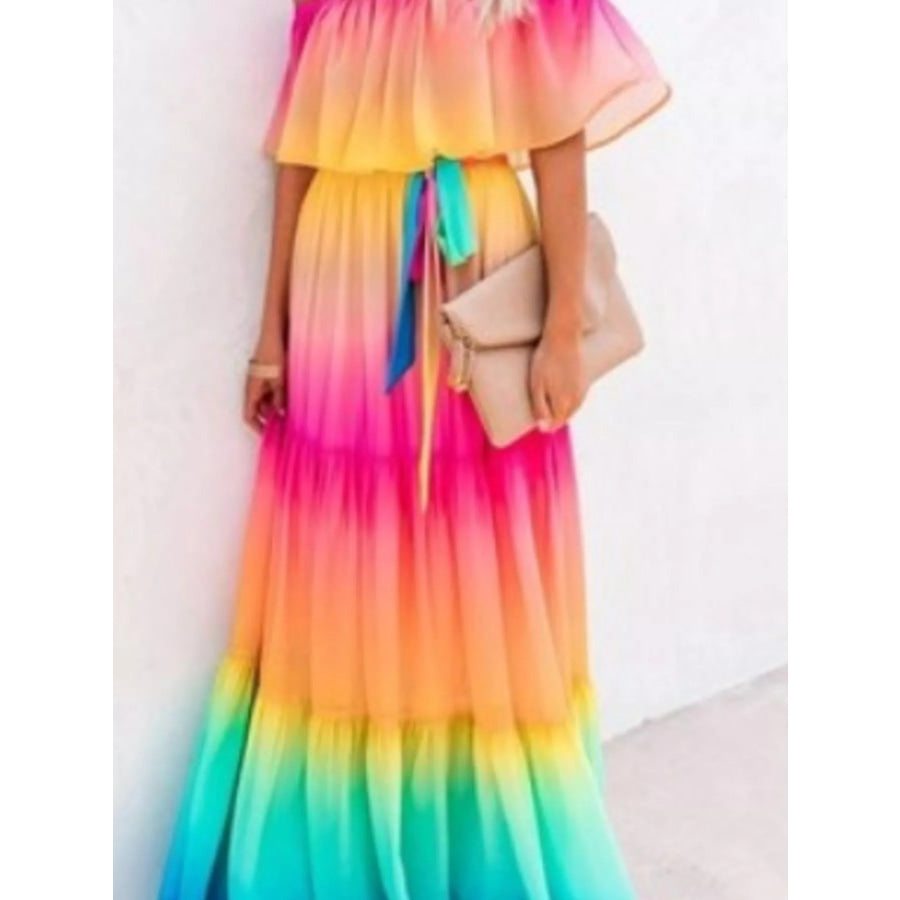 Full Size Off-Shoulder Tiered Maxi Dress Plus Size Stitching Gradient / S Apparel and Accessories