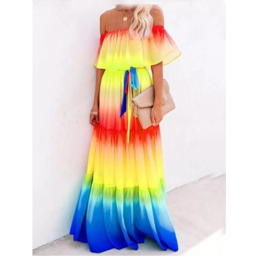 Full Size Off-Shoulder Tiered Maxi Dress Plus Size Yellow Flower / S Apparel and Accessories