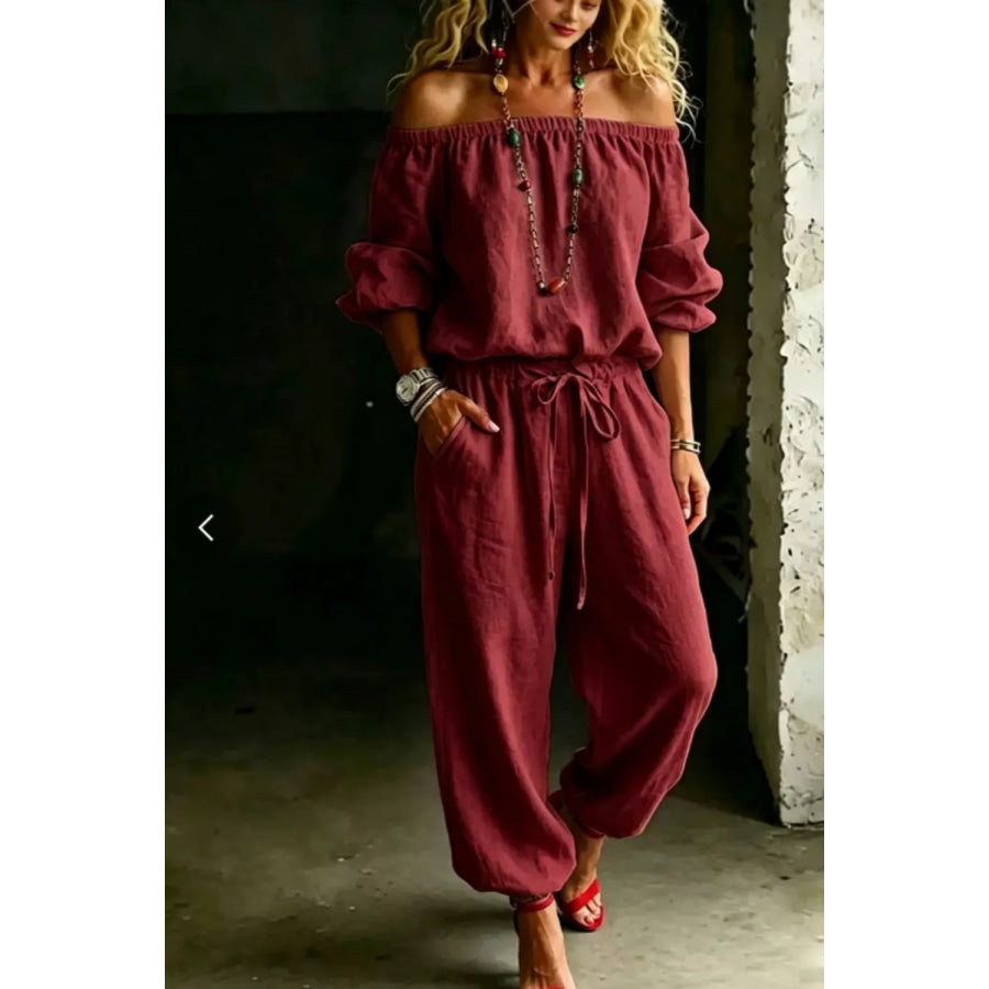 Full Size Off-Shoulder Top and Pants Set Plus Size Burgundy / S Apparel and Accessories