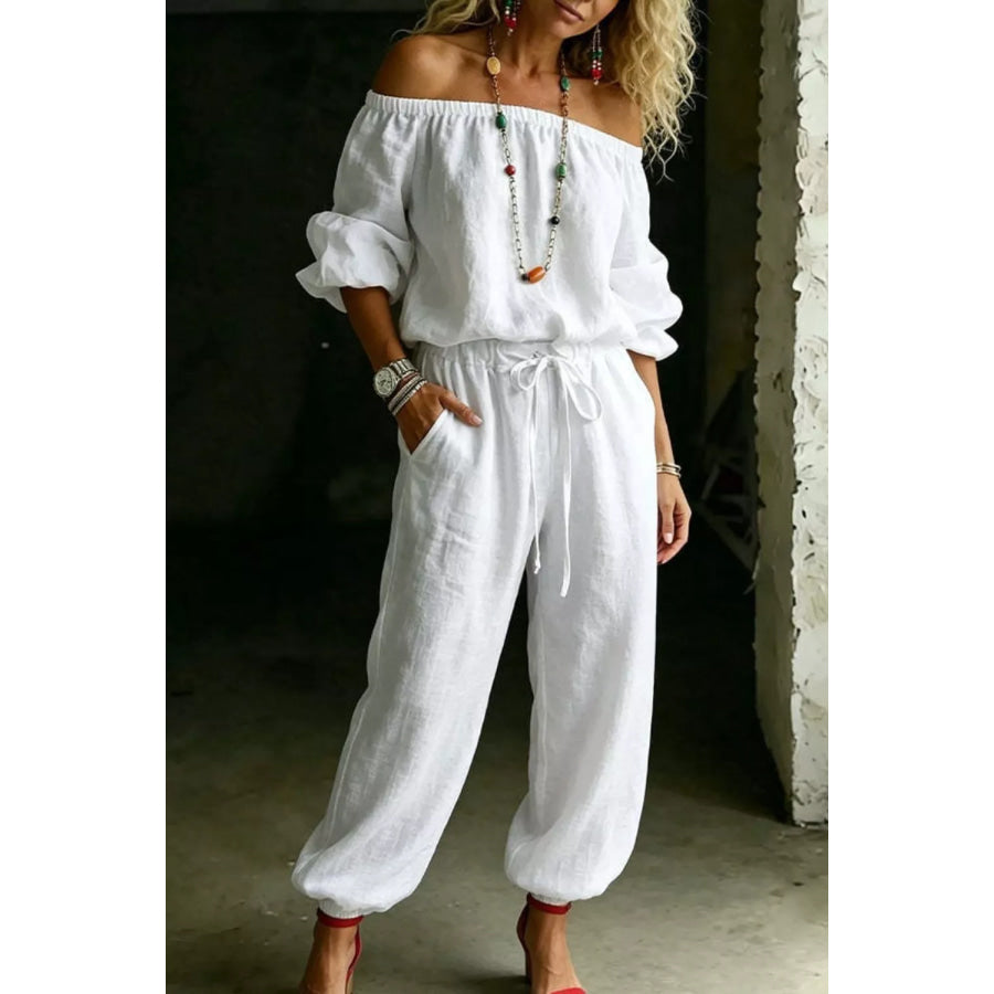 Full Size Off-Shoulder Top and Pants Set Plus Size White / S Apparel and Accessories