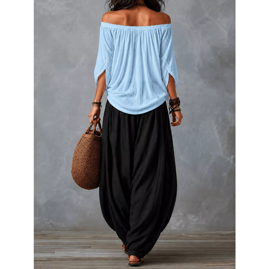 Full Size Off-Shoulder Top and Wide-Leg Harem Pants Set Plus Apparel Accessories