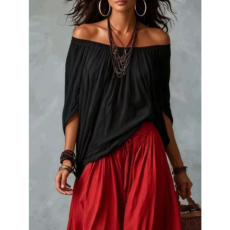 Full Size Off-Shoulder Top and Wide-Leg Harem Pants Set Plus Size Apparel and Accessories