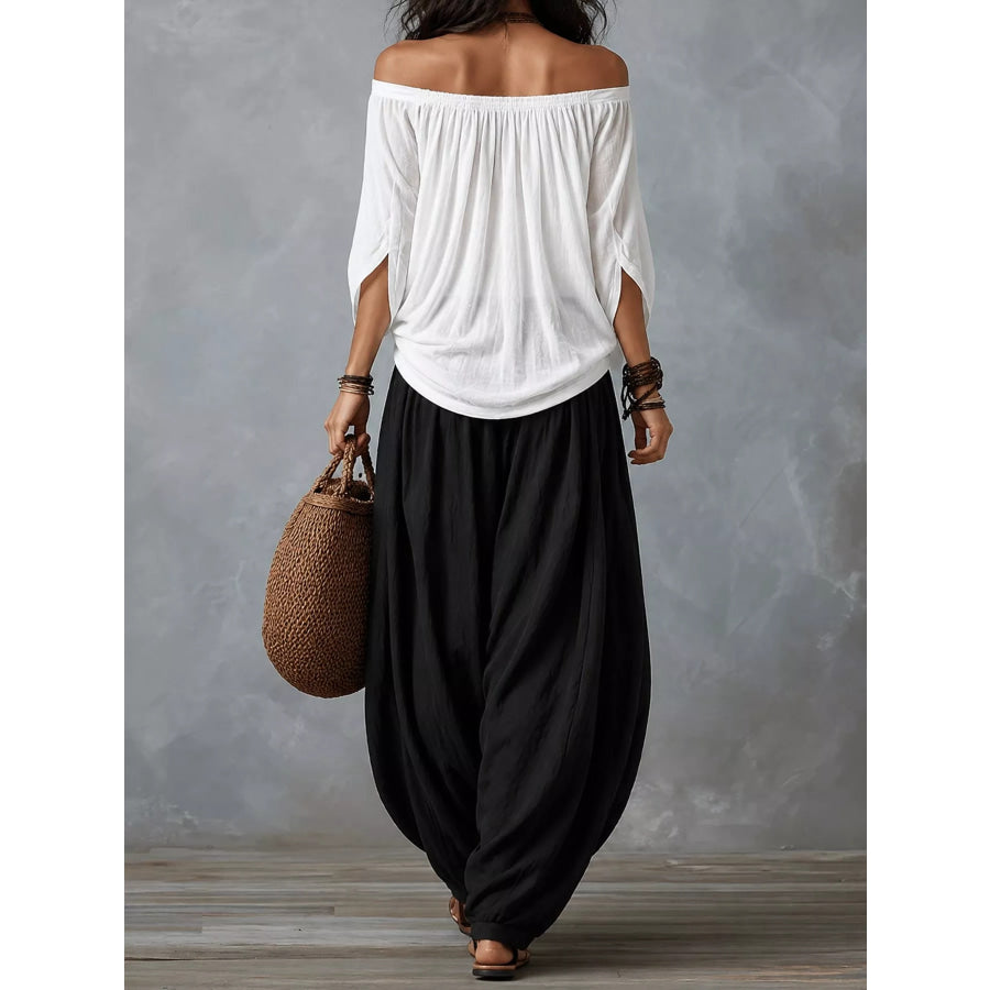 Full Size Off-Shoulder Top and Wide-Leg Harem Pants Set Plus Apparel Accessories