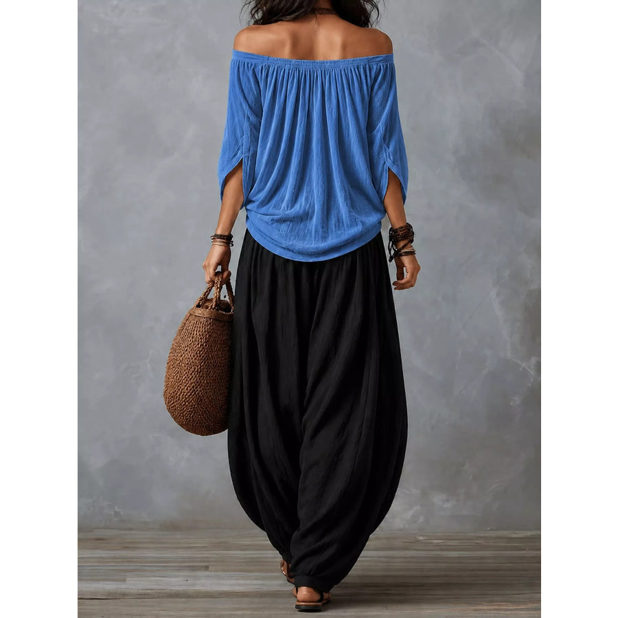 Full Size Off-Shoulder Top and Wide-Leg Harem Pants Set Plus Apparel Accessories