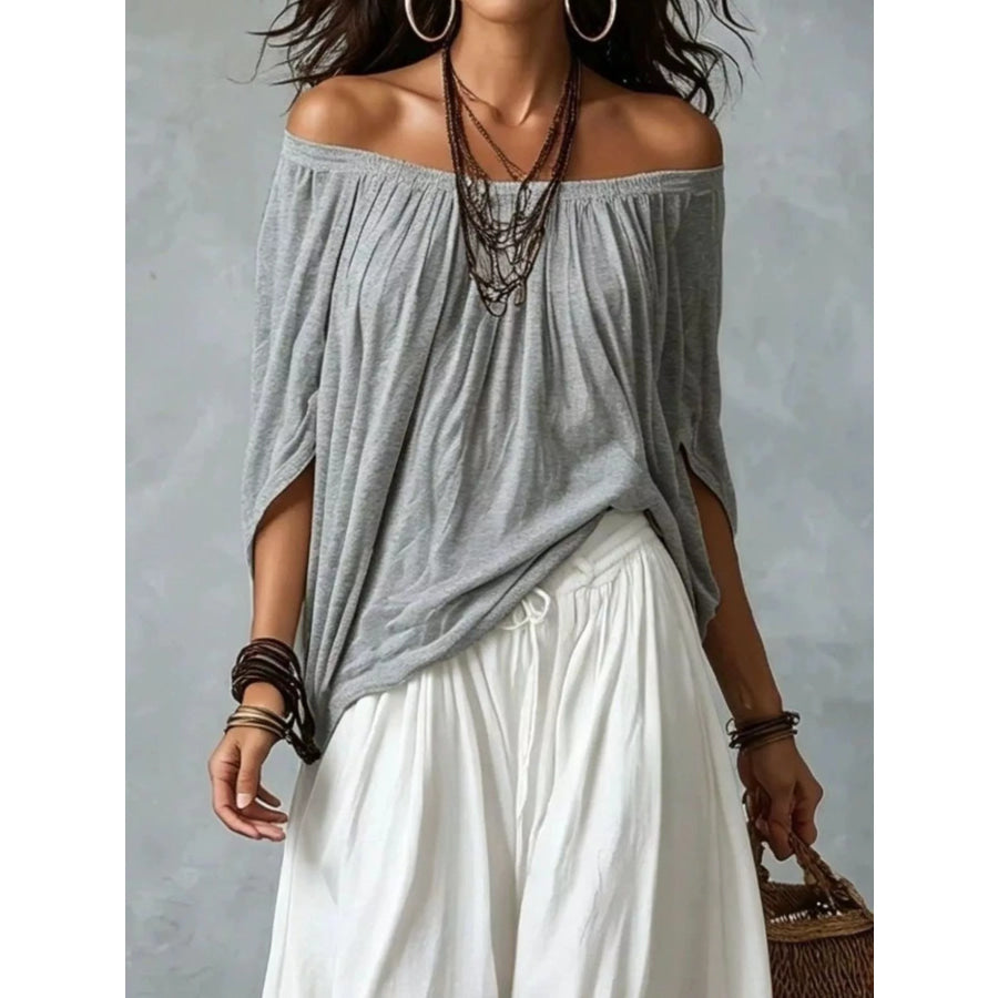 Full Size Off-Shoulder Top and Wide-Leg Harem Pants Set Plus Size White Gray / S Apparel and Accessories