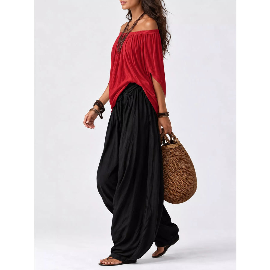 Full Size Off-Shoulder Top and Wide-Leg Harem Pants Set Plus Apparel Accessories
