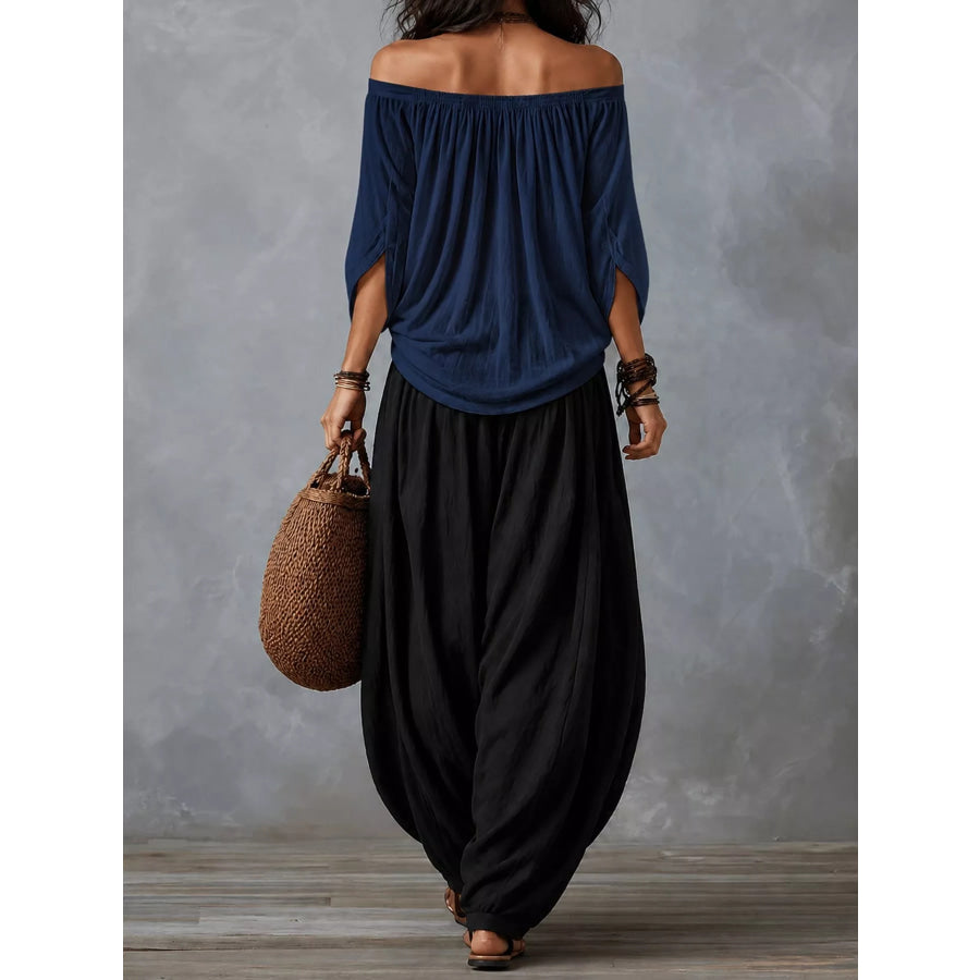 Full Size Off-Shoulder Top and Wide-Leg Harem Pants Set Plus Apparel Accessories