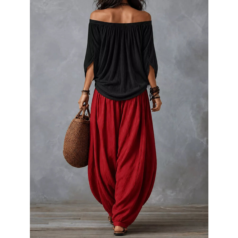 Full Size Off-Shoulder Top and Wide-Leg Harem Pants Set Plus Apparel Accessories