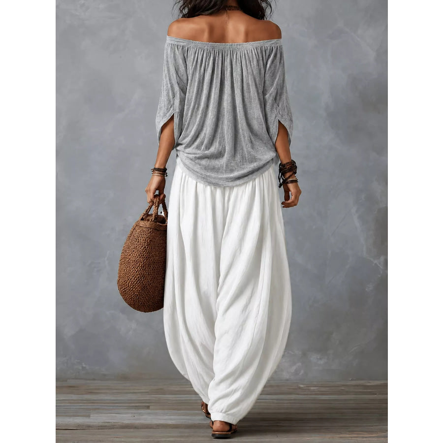 Full Size Off-Shoulder Top and Wide-Leg Harem Pants Set Plus Apparel Accessories