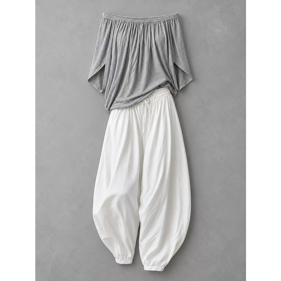 Full Size Off-Shoulder Top and Wide-Leg Harem Pants Set Plus Apparel Accessories