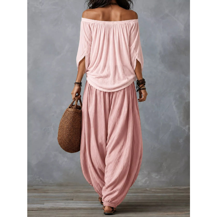Full Size Off-Shoulder Top and Wide-Leg Harem Pants Set Plus Apparel Accessories