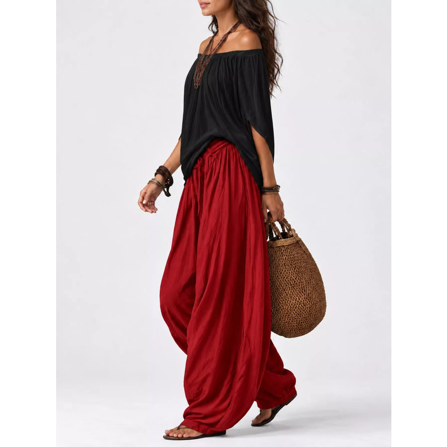 Full Size Off-Shoulder Top and Wide-Leg Harem Pants Set Plus Apparel Accessories