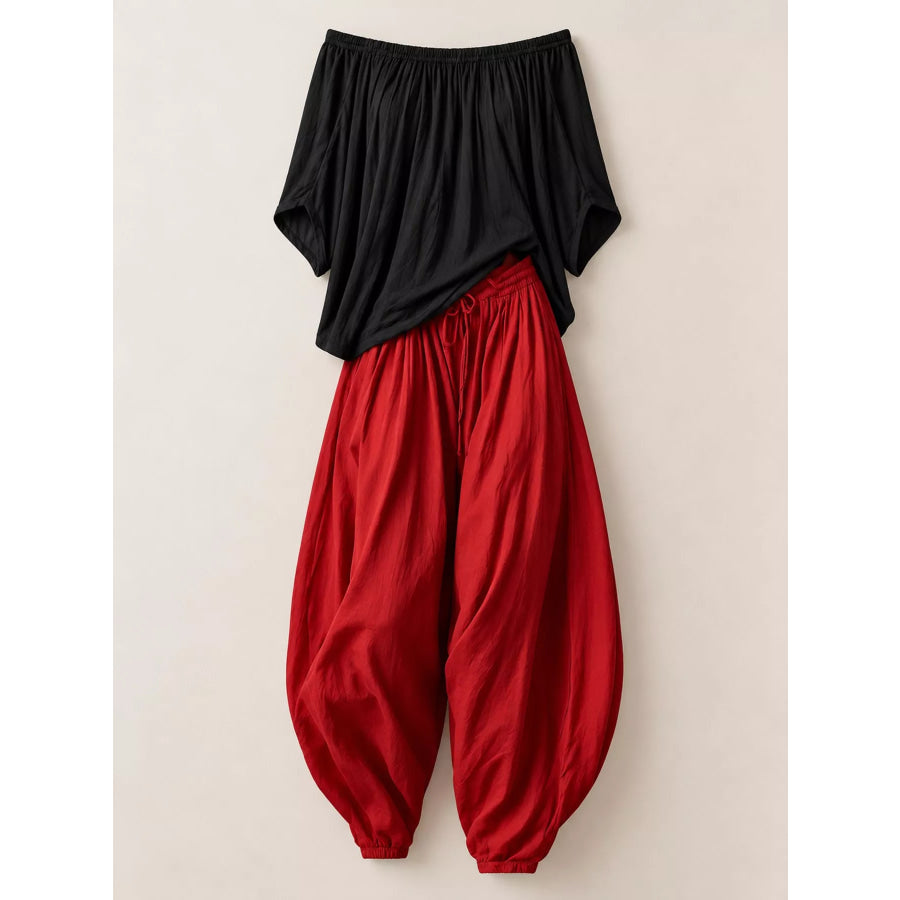 Full Size Off-Shoulder Top and Wide-Leg Harem Pants Set Plus Apparel Accessories