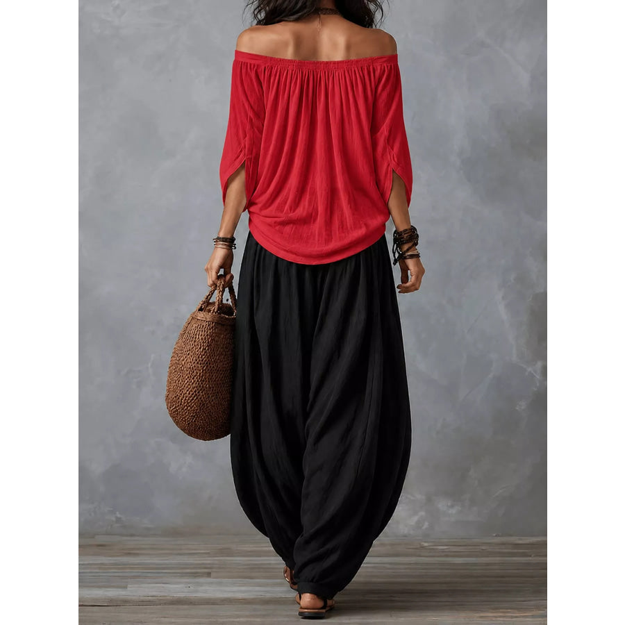 Full Size Off-Shoulder Top and Wide-Leg Harem Pants Set Plus Apparel Accessories