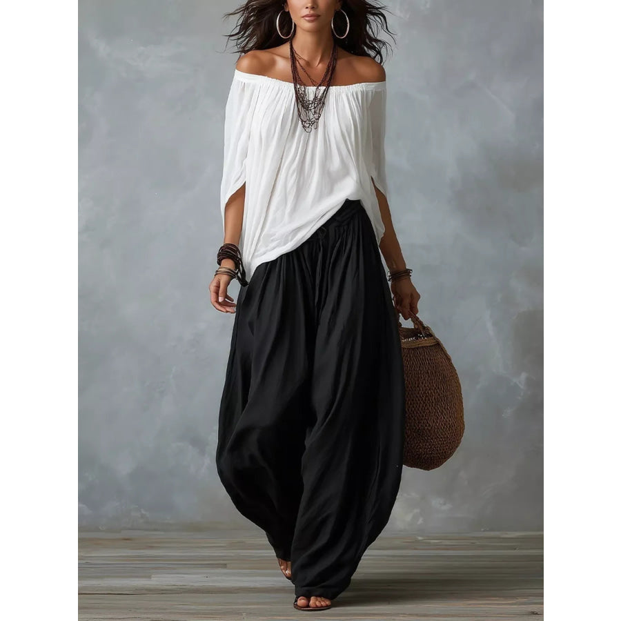 Full Size Off-Shoulder Top and Wide-Leg Harem Pants Set Plus Size Black And White / S Apparel and Accessories