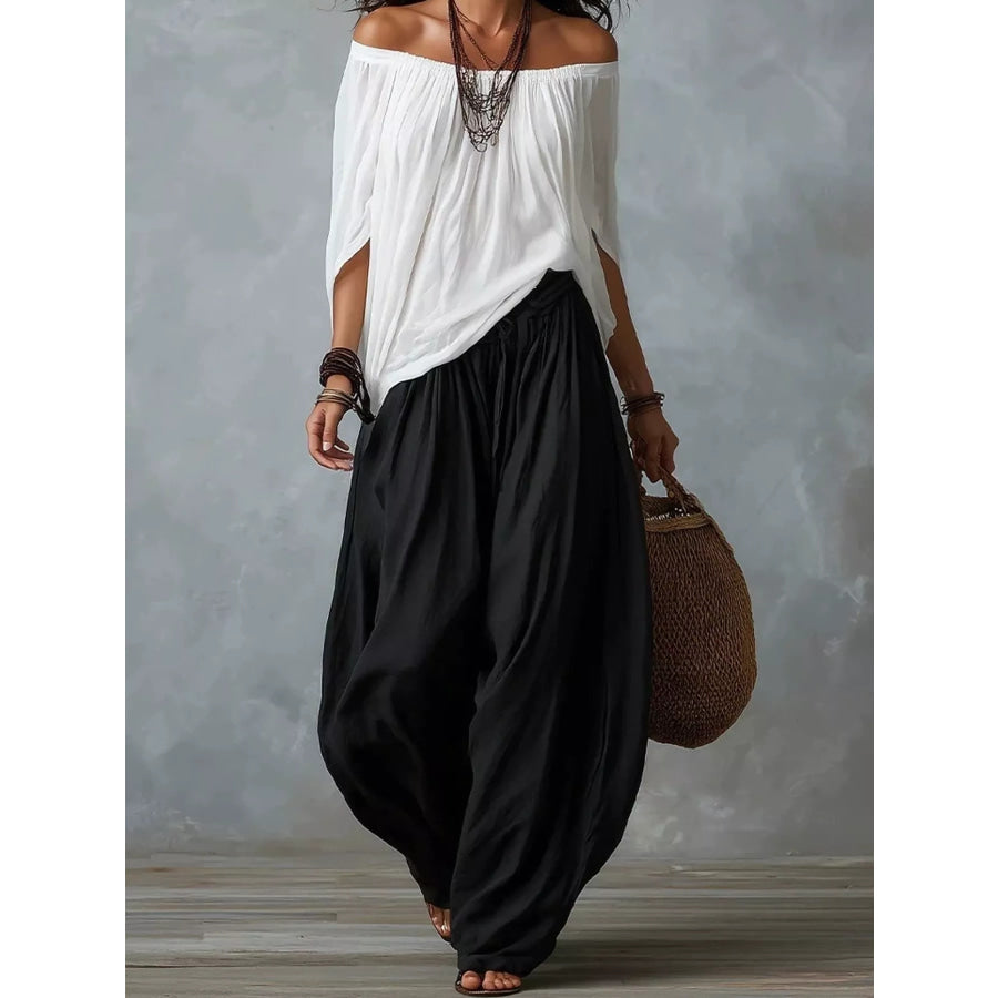 Full Size Off-Shoulder Top and Wide-Leg Harem Pants Set Plus Black White / S Apparel Accessories