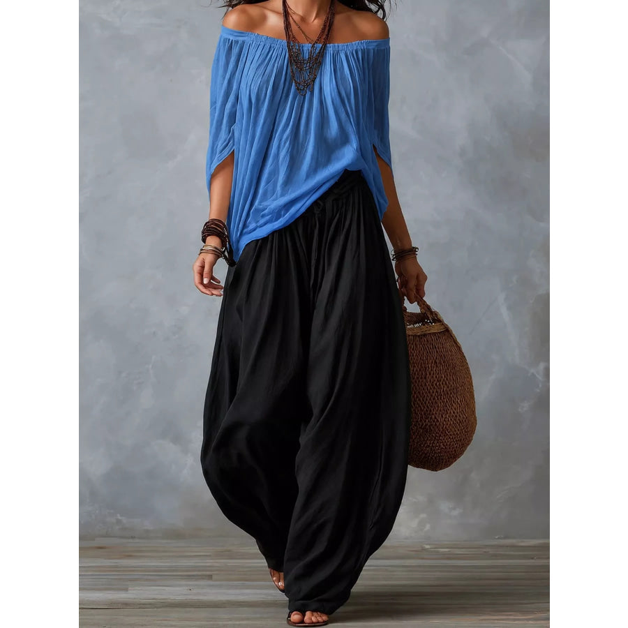 Full Size Off-Shoulder Top and Wide-Leg Harem Pants Set Plus Blue Black / S Apparel Accessories