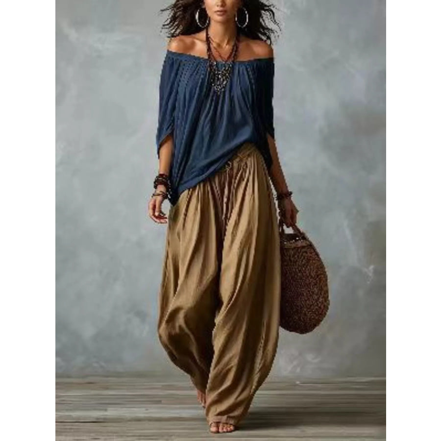 Full Size Off-Shoulder Top and Wide-Leg Harem Pants Set Plus Size Dark Blue / S Apparel and Accessories
