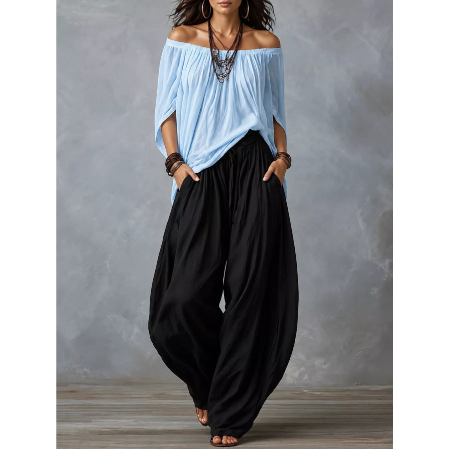 Full Size Off-Shoulder Top and Wide-Leg Harem Pants Set Plus Light Blue Black / S Apparel Accessories