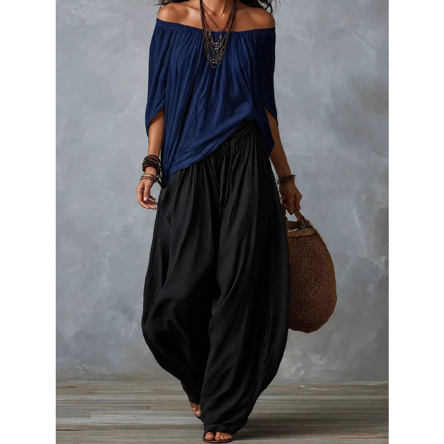 Full Size Off-Shoulder Top and Wide-Leg Harem Pants Set Plus Navy Black / S Apparel Accessories