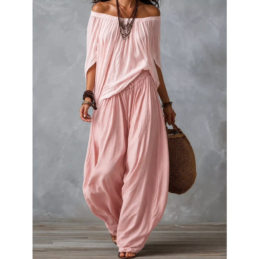 Full Size Off-Shoulder Top and Wide-Leg Harem Pants Set Plus Pink / S Apparel Accessories