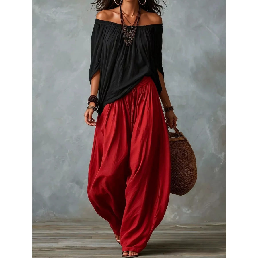 Full Size Off-Shoulder Top and Wide-Leg Harem Pants Set Plus Red Black / S Apparel Accessories