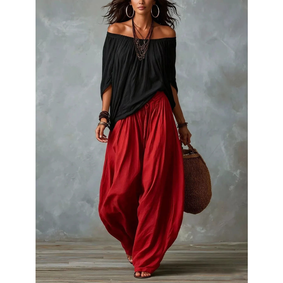 Full Size Off-Shoulder Top and Wide-Leg Harem Pants Set Plus Size Red Black / S Apparel and Accessories