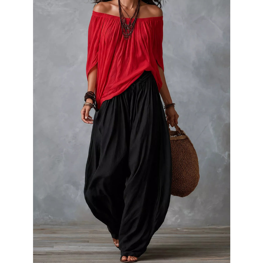 Full Size Off-Shoulder Top and Wide-Leg Harem Pants Set Plus Red Black / S Apparel Accessories