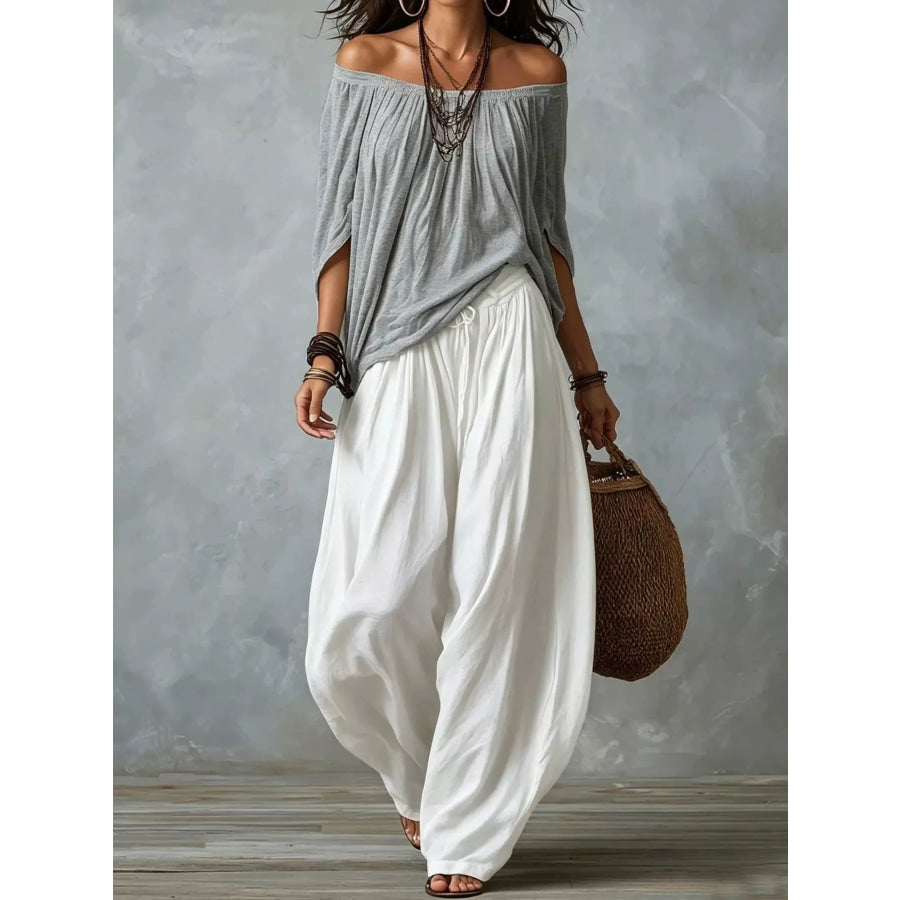 Full Size Off-Shoulder Top and Wide-Leg Harem Pants Set Plus White Gray / S Apparel Accessories