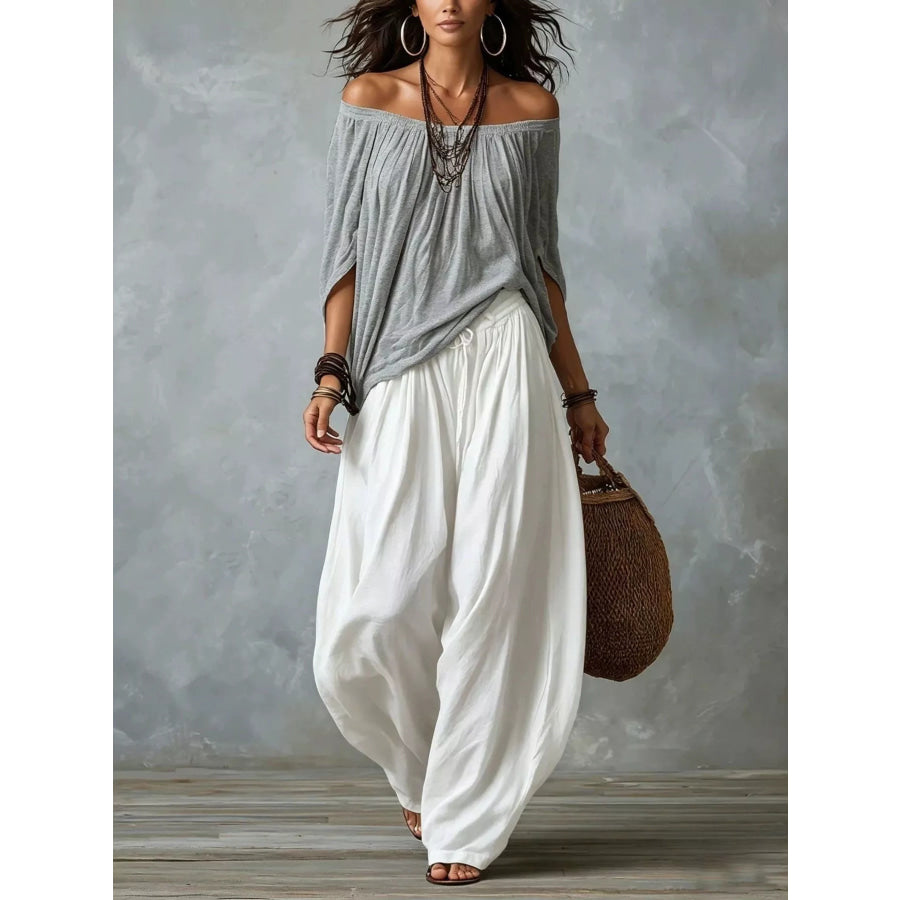 Full Size Off-Shoulder Top and Wide-Leg Harem Pants Set Plus Size White Gray / S Apparel and Accessories