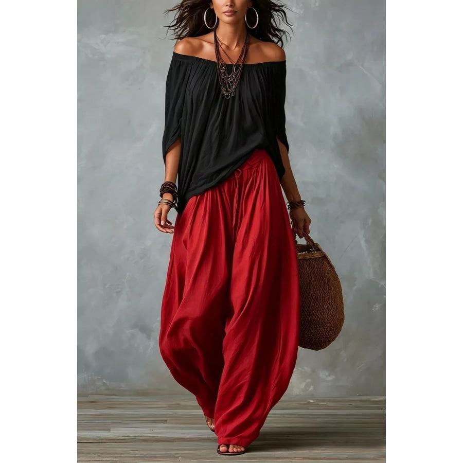 Full Size Off-Shoulder Top and Wide-Leg Pants Set Plus Size Apparel and Accessories