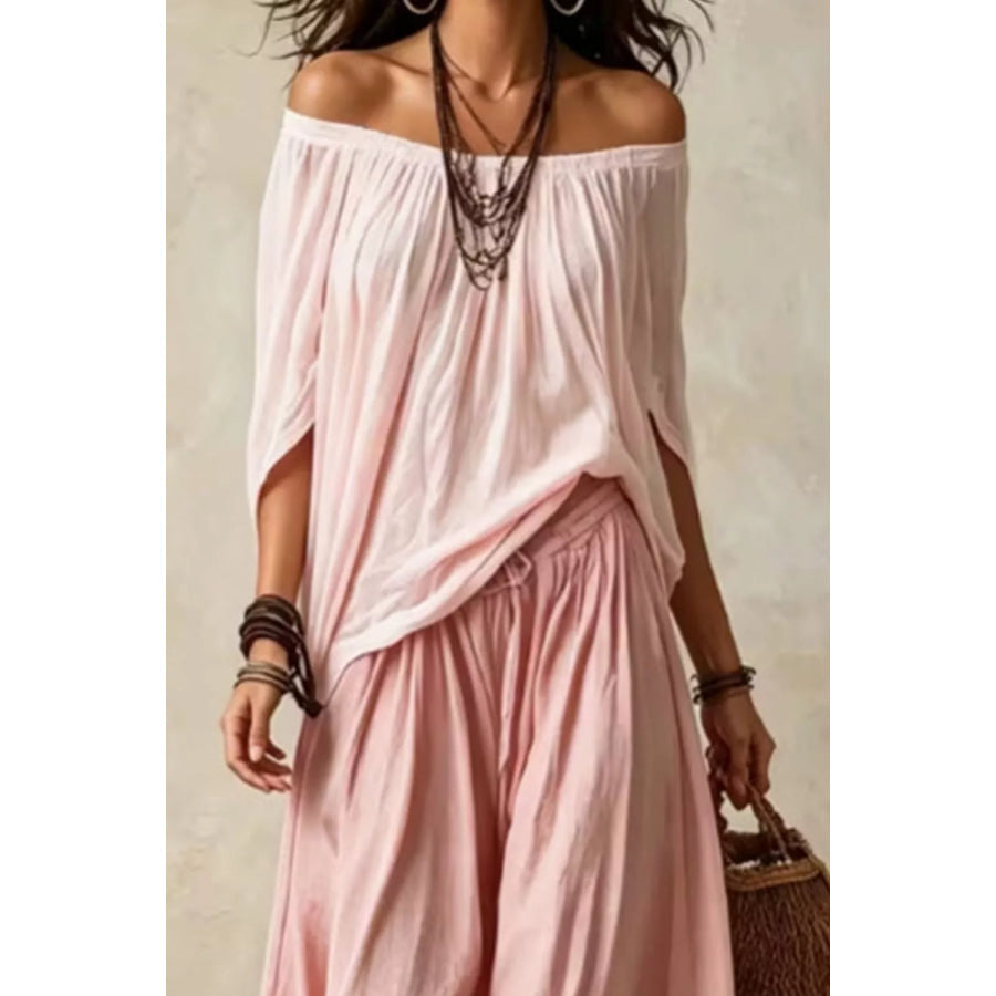 Full Size Off-Shoulder Top and Wide-Leg Pants Set Plus Size Apparel and Accessories