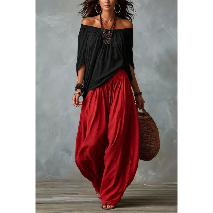 Full Size Off-Shoulder Top and Wide-Leg Pants Set Plus Size Deep Red / S Apparel and Accessories