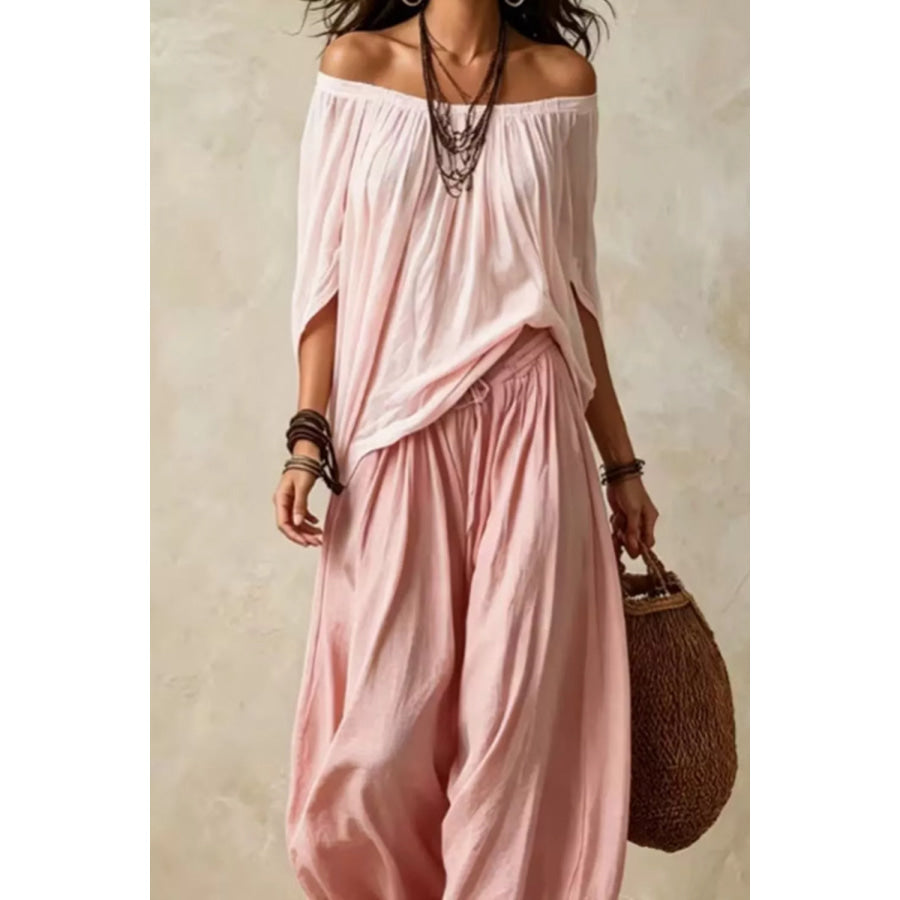 Full Size Off-Shoulder Top and Wide-Leg Pants Set Plus Size Dusty Pink / S Apparel and Accessories