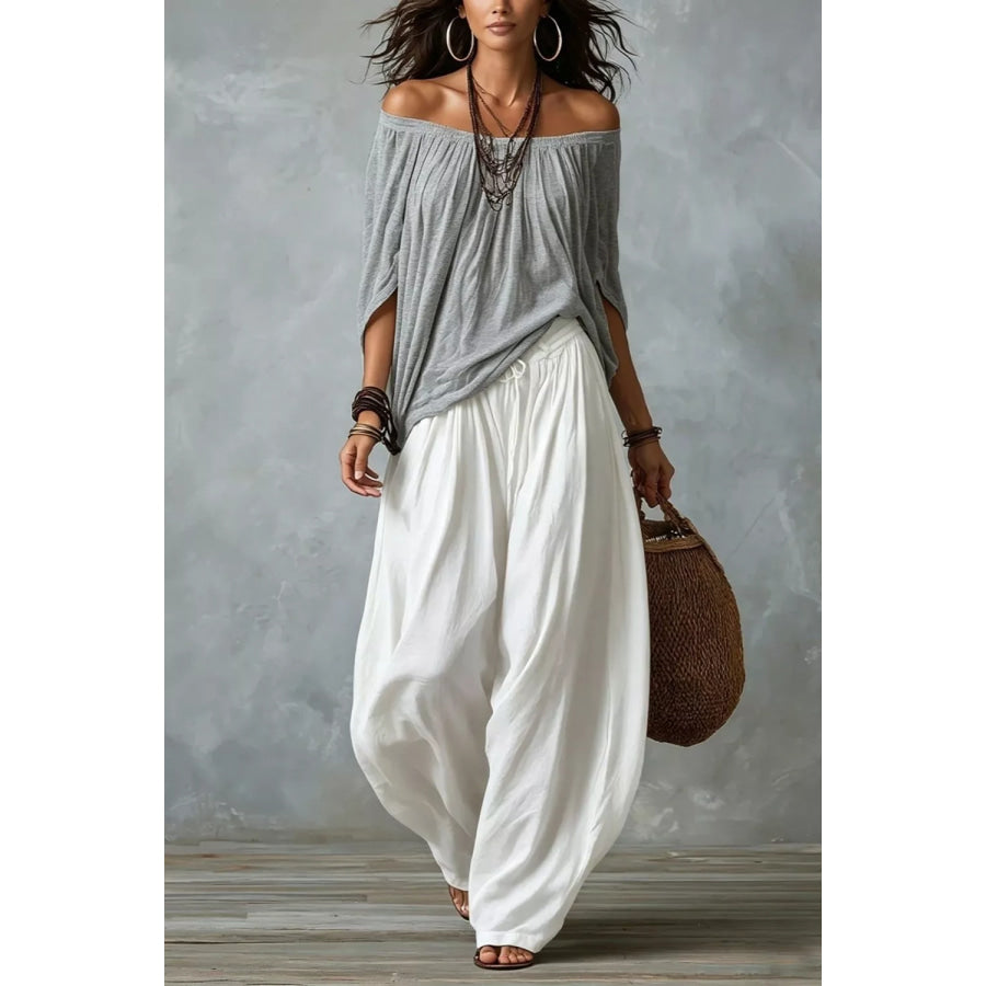 Full Size Off-Shoulder Top and Wide-Leg Pants Set Plus Size Gray / S Apparel and Accessories