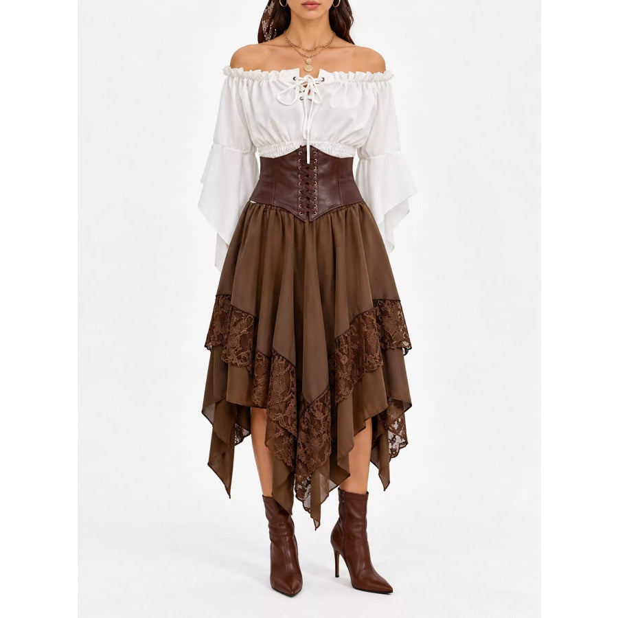 Full Size Off-Shoulder Top & Belly Band and Skirt Set Plus Coffee-3-Piece / S Apparel Accessories