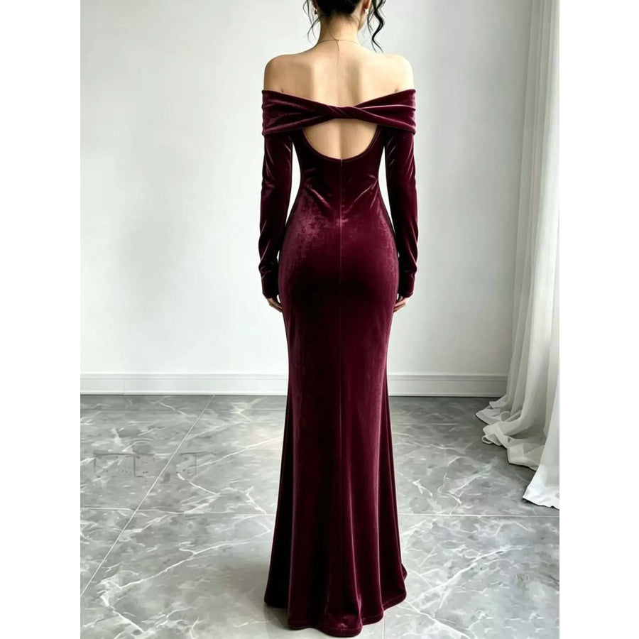 Full Size Off-Shoulder Velvet Mermaid Maxi Dress Plus Burgundy / XS Apparel and Accessories