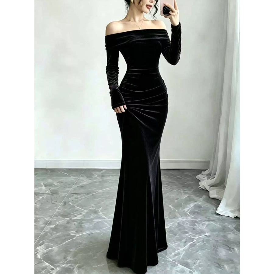 Full Size Off-Shoulder Velvet Mermaid Maxi Dress Plus Black / XS Apparel and Accessories