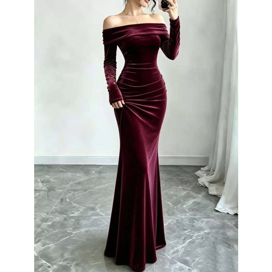Full Size Off-Shoulder Velvet Mermaid Maxi Dress Plus Burgundy / XS Apparel and Accessories